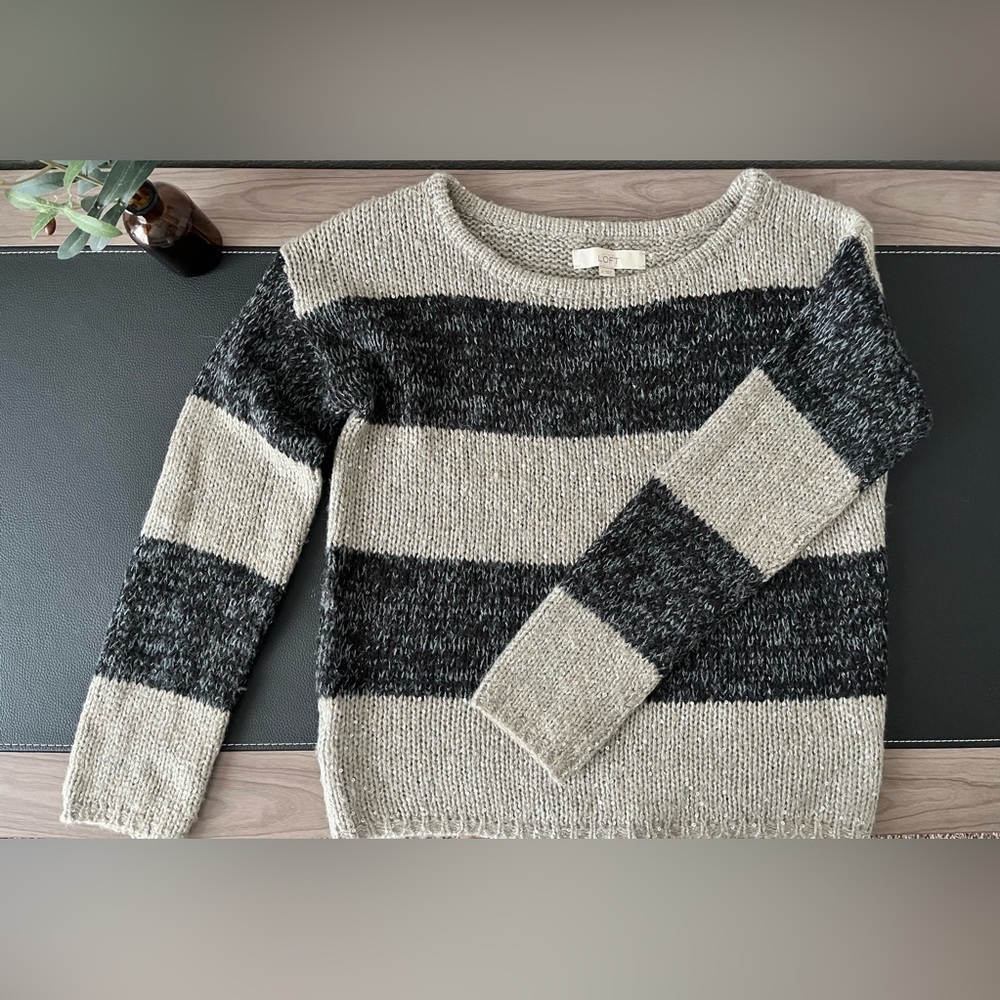 LOFT Black and Taupe Striped Sweater